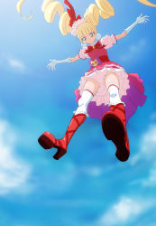 Rule 34 | 1girl, blonde hair, blue sky, boots, bow, bowtie, brown eyes, closed mouth, cure macherie, elbow gloves, eyelashes, floating hair, frilled boots, frills, from below, fuchi (nightmare), full body, gloves, hair ornament, high heel boots, high heels, highres, hugtto! precure, knee boots, layered skirt, long hair, looking down, miniskirt, pink sleeves, pleated skirt, precure, purple bow, red bow, red bowtie, red footwear, shiny skin, short sleeves, skirt, sky, solo, twintails, very long hair, white gloves, white skirt