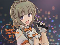 Rule 34 | 1girl, alice gear aegis, blazer, bow, bowtie, braid, dated, frilled gloves, frills, gloves, hair bow, hand on own chest, happy birthday, heart, holding, holding microphone, idol, jacket, light brown hair, lights, looking at viewer, microphone, official art, open mouth, orange ribbon, portrait, puffy short sleeves, puffy sleeves, purple eyes, ribbon, shimada fumikane, shimoochiai touka, short sleeves, solo, upper body, watermark, white gloves, white jacket, wing collar