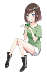 Rule 34 | 1girl, absurdres, animal, artist request, black footwear, blue eyes, boots, brown hair, child, collarbone, freckles, frog, green hair ornament, green shirt, green stripes, highres, holding, holding amphibian, holding animal, holding frog, indie virtual youtuber, knees together feet apart, leather, leather boots, lily hopkins, looking at viewer, open mouth, shirt, shorts, simple background, sitting, smile, source request, striped clothes, striped shirt, t-shirt, teeth, thighs, tongue, upper teeth only, white background, white shorts