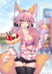 Rule 34 | 10s, 1girl, animal ears, artist name, black skirt, black thighhighs, blush, bra, breasts, building, chocolate, city, cleavage, cloud, collarbone, cowboy shot, day, fate/extra, fate/extra ccc, fate (series), food, fox ears, fox tail, fruit, hair between eyes, hair flaps, highres, ice cream, jacket, jewelry, large breasts, long hair, long sleeves, looking at viewer, necklace, obiwan, official alternate costume, open clothes, open jacket, open mouth, orange eyes, outdoors, pink hair, pink jacket, short shorts, shorts, skirt, sky, solo, solo focus, strawberry, striped clothes, striped jacket, tail, tamamo (fate), tamamo no mae (fate/extra), tamamo no mae (spring casual) (fate), thighhighs, thighs, twitter username, underwear, wafer stick, white bra