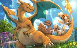 Rule 34 | charizard, charmander, claws, closed mouth, cloud, commentary request, creatures (company), day, fang, fang out, fire, fire, flame-tipped tail, from below, game freak, gen 1 pokemon, grass, growlithe, looking back, nintendo, no humans, outdoors, playground, pokemon, pokemon (creature), sky, tapioka chaso, vulpix