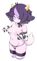 Rule 34 | 1girl, absurdres, black eyes, breasts, colored skin, commentary, elbow gloves, english commentary, gloves, highres, horns, looking at viewer, medium breasts, navel, nipples, original, panties, purple hair, purple skin, simple background, slugbox, solo, stomach, striped clothes, striped gloves, striped panties, striped thighhighs, tail, thighhighs, topless, underwear, white background, yellow horns