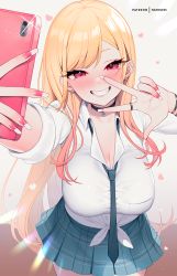 Rule 34 | 1girl, blonde hair, blue necktie, blue skirt, breasts, choker, ear piercing, earrings, fake nails, grin, gyaru, hanging breasts, heart, heart-shaped pupils, highres, jewelry, kitagawa marin, large breasts, leaning forward, long hair, long sleeves, looking at viewer, multicolored hair, nail polish, nanoless, navel, necktie, piercing, pink eyes, pleated skirt, red eyes, ring, school uniform, selfie, shirt, skirt, sleeves rolled up, smile, solo, sono bisque doll wa koi wo suru, symbol-shaped pupils, thigh gap, thighs, very long hair, w, white shirt