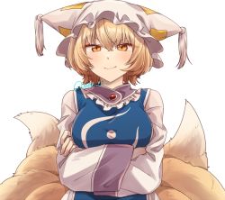 Rule 34 | &gt;:), 1girl, blonde hair, blush, commentary request, crossed arms, fox tail, hat, kitsune, kyuubi, long sleeves, looking at viewer, mob cap, multiple tails, solo, tabard, tail, touhou, twitter username, unkmochi, v-shaped eyebrows, yakumo ran, yellow eyes