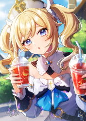 Rule 34 | 1girl, :o, artist name, barbara (genshin impact), blonde hair, blue eyes, cup, day, drinking straw, genshin impact, highres, holding, holding cup, long hair, long sleeves, looking at viewer, open mouth, outdoors, shinishi chiho, solo, sparkle, twintails, upper body