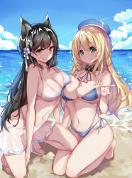 Rule 34 | 2girls, :q, absurdres, animal ear fluff, animal ears, atago (azur lane), atago (kancolle), atago (summer march) (azur lane), azur lane, bare arms, bare legs, bare shoulders, barefoot, beach, beret, bikini, black hair, blonde hair, blue bikini, blue hat, blue sky, breast press, breasts, brown eyes, cleavage, closed mouth, cloud, cloudy sky, collarbone, commentary, crossover, day, green eyes, groin, has bad revision, has downscaled revision, hat, hat ribbon, highleg, highleg bikini, highres, historical name connection, horizon, kantai collection, kneeling, large breasts, long hair, looking at viewer, md5 mismatch, mole, mole under eye, multiple girls, name connection, navel, ocean, outdoors, resolution mismatch, ribbon, sarong, scarlet dango, see-through, shadow, sidelocks, sky, slippers, smile, source smaller, stomach, strap gap, strap pull, swimsuit, symmetrical docking, thighs, tongue, tongue out, very long hair, water, white bikini, white footwear