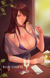 Rule 34 | 1girl, breasts, brown eyes, brown hair, cheese, cleavage, cup, drinking glass, female focus, food, highres, large breasts, long hair, oda joe, open mouth, solo, wine glass