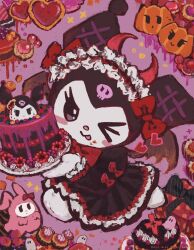 Rule 34 | 2girls, ;p, absurdres, animal ears, artist name, bat wings, black dress, black eyes, blush stickers, bow, cake, closed mouth, commentary request, cookie, creature, dated, demon horns, dessert, dress, dress bow, food, full body, gestart333, ghost, gift, gothic lolita, heart, highres, holding, holding plate, horns, kuromi, lolita fashion, looking at viewer, maid headdress, multicolored eyes, multiple girls, my melody, one eye closed, onegai my melody, plate, purple background, purple eyes, rabbit ears, red bow, sanrio, skull print, smile, sweets, tongue, tongue out, twitter username, wings