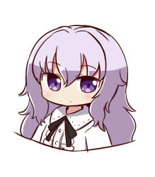 Rule 34 | 1girl, black ribbon, blush, center frills, closed mouth, collared shirt, copyright request, cropped torso, frills, hair between eyes, long hair, naga u, neck ribbon, purple eyes, purple hair, ribbon, shirt, simple background, solo, wavy hair, white background, white shirt