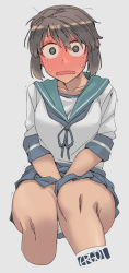 Rule 34 | 1girl, black eyes, black hair, blue neckerchief, blue sailor collar, blue skirt, blush, breasts, covering crotch, covering privates, cropped legs, embarrassed, ergot, grey background, invisible chair, kantai collection, looking at viewer, miyuki (kancolle), neckerchief, nose blush, sailor collar, school uniform, serafuku, short hair, signature, simple background, sitting, skirt, solo, tears