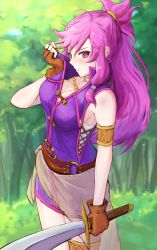 Rule 34 | 1girl, armlet, artist name, bare shoulders, breasts, brown gloves, cleavage, closed mouth, dress, fingerless gloves, fire emblem, fire emblem: the sacred stones, gloves, highres, holding, holding sword, holding weapon, ippers, long hair, marisa (fire emblem), medium breasts, nintendo, ponytail, purple eyes, purple hair, short dress, sleeveless, solo, sweat, sword, thighs, tree, weapon
