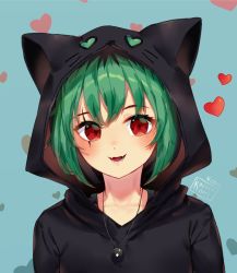 Rule 34 | 1girl, :d, animal ears, animal hood, artist name, black hoodie, blue background, cat ears, cat hood, commentary, commission, dated, english commentary, fake animal ears, green hair, heart, heart background, hood, hood up, hoodie, jewelry, kobutanori, looking at viewer, magatama, magatama necklace, necklace, open mouth, original, red eyes, scar, scar across eye, simple background, smile, solo, upper body