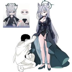 Rule 34 | 1boy, 1girl, ahoge, animal ear fluff, animal ears, black choker, black dress, black halo, blue archive, blue eyes, breasts, broken halo, choker, cleavage, clothes lift, cross, cross hair ornament, dark halo, diamond-shaped pupils, diamond (shape), dress, dress lift, extra ears, frilled sleeves, frills, grey hair, hair between eyes, hair ornament, halo, high heels, inverted cross, large breasts, long hair, long sleeves, mismatched pupils, panties, sensei (blue archive), shiroko (blue archive), shiroko terror (blue archive), side slit, skyrain315, solo, symbol-shaped pupils, thigh strap, underwear, wide sleeves, wolf ears