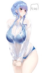 Rule 34 | 1girl, :t, blue hair, blush, braid, breasts, brown eyes, crown braid, embarrassed, fire emblem, fire emblem: three houses, highres, icoo, large breasts, long hair, marianne von edmund, nintendo, pout, pouty lips, see-through, shirt, sidelocks, solo, swimsuit, wet, wet clothes