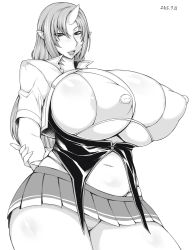 Rule 34 | 1girl, areola slip, bikini, blush, breasts, covered erect nipples, curvy, demon girl, fang, female focus, gigantic breasts, highres, horns, jacket, long hair, looking at viewer, miniskirt, monochrome, navel, open clothes, open mouth, otogi tetsurou, pointy ears, puffy nipples, simple background, single horn, skirt, solo, standing, swimsuit, white background, wide hips