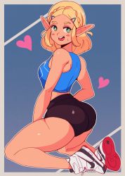Rule 34 | 1girl, ass, black shorts, blonde hair, blue background, blue shirt, blush, braid, breasts, from behind, green eyes, hair ornament, hairclip, heart, highres, large breasts, looking back, midriff, nike (company), nintendo, open mouth, pointy ears, princess zelda, shirt, shoes, short hair, shorts, smile, sneakers, solo, tank top, teeth, the legend of zelda, the legend of zelda: breath of the wild, the legend of zelda: tears of the kingdom, tiaramisstsu, white footwear