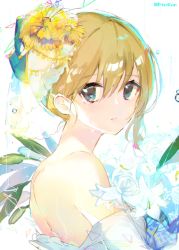 Rule 34 | 1girl, atsumi jun, bare shoulders, blonde hair, blue eyes, chromatic aberration, closed mouth, dress, flower, from side, hair between eyes, hair flower, hair ornament, lily (flower), looking at viewer, looking back, original, solo, tears, twitter username, white dress, white flower, yellow flower