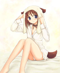 Rule 34 | 00s, 1girl, animal ears, blue eyes, blush, breasts, brown hair, cleavage, collar, dog ears, dog tail, komaki manaka, panties, pantyshot, parted lips, simple background, sitting, solo, tail, to heart (series), to heart 2, towel, underwear, white panties