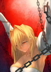 Rule 34 | 00s, 1girl, archetype earth, arcueid brunestud, armpits, arms up, bare shoulders, blonde hair, breasts, chain, chained, cleavage, detached sleeves, dress, female focus, gradient background, highres, large breasts, long hair, melty blood, red eyes, solo, strapless, strapless dress, tg01, tsukihime, type-moon, upper body