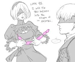 Rule 34 | ..., 1boy, 1girl, bad id, balloon animal, bb (baalbuddy), blindfold, bob cut, cleavage cutout, clothing cutout, commentary, covered eyes, dress, english commentary, greyscale, highres, inactive account, jacket, juliet sleeves, long sleeves, monochrome, multiple monochrome, nier (series), nier:automata, profile, puffy sleeves, short hair, simple background, smile, spoken ellipsis, spot color, white background, 2b (nier:automata), 9s (nier:automata)