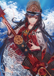 Rule 34 | 1girl, black hair, blue sky, buster shirt, cloud, crest, day, family crest, fate/grand order, fate (series), grin, guitar, hat, headphones, highres, holding, holding instrument, instrument, jacket, letterman jacket, long hair, m/, military hat, oda nobunaga (fate), oda nobunaga (swimsuit berserker) (fate), oda uri, peaked cap, red eyes, saphira033, skirt, sky, smile, solo, striped clothes, striped skirt, very long hair, water