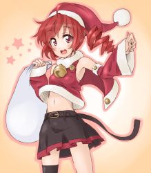 Rule 34 | 1girl, :d, bare shoulders, belt, black thighhighs, blush, detached sleeves, drill hair, hat, holding, kasane teto, looking at viewer, metaphor (artist), midriff, navel, open mouth, outline, pink eyes, red hair, sack, santa hat, single thighhigh, skirt, smile, solo, star (symbol), thighhighs, twin drills, utau