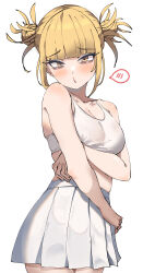 Rule 34 | 1girl, absurdres, alternate costume, bags under eyes, blonde hair, blunt bangs, boku no hero academia, breasts, cleavage, double bun, hair bun, highres, looking at viewer, medium breasts, messy hair, narrowed eyes, parted lips, pleated skirt, sidelocks, simple background, skirt, speech bubble, sports bra, standing, toga himiko, white background, white skirt, white sports bra, yellow eyes, zd (pixiv6210083)
