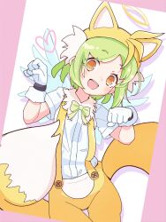 Rule 34 | 1girl, animal hat, blue wings, bow, brown eyes, cosplay, eyelashes, gloves, green bow, green hair, halo, hat, head tilt, heart, highres, jazz grace, multiple tails, open mouth, paw pose, puyopuyo, puyopuyo quest, roco (puyopuyo), shirt, short hair, solo, sonic (series), suspenders, tail, tails (sonic), tails (sonic) (cosplay), teeth, two tails, upper teeth only, white gloves, white shirt, wings, yellow halo, yellow hat