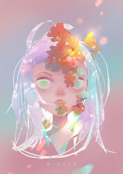 Rule 34 | 1girl, artist name, blue background, blue eyes, blue hair, colored eyelashes, commentary, english commentary, flower, green eyes, hair flower, hair ornament, head only, heterochromia, long eyelashes, long hair, loose hair strand, mina fz., multicolored hair, open mouth, orange flower, original, pink hair, red background, red lips, smile, solo, sparkle, star on cheek, straight-on, teeth, two-tone background, white hair