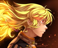 Rule 34 | 1girl, artist name, belt, blonde hair, closed mouth, collar, deviantart username, fire, glowing, glowing eye, highres, insertsomthinawesome, long hair, looking to the side, red eyes, rwby, sidelocks, signature, solo, upper body, wind, yang xiao long