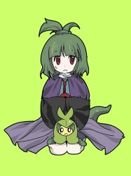 Rule 34 | 1other, adagumo no saragimaru, black shirt, black sleeves, blue shorts, blue vest, capelet, closed mouth, collared capelet, commentary, creature on lap, creatures (company), crossover, frown, full body, game freak, gen 5 pokemon, green background, green hair, hair ornament, high ponytail, highres, japanese clothes, kneeling, kysk maki, len&#039;en, long sleeves, looking to the side, medium hair, nintendo, pokemon, pokemon (creature), purple capelet, red eyes, shirt, short ponytail, shorts, simple background, sleeves past fingers, sleeves past wrists, snake hair ornament, snake tail, split ponytail, straight-on, swadloon, sweatdrop, tail, vest, white capelet, wide sleeves