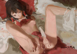 Rule 34 | 1girl, aftersex, bloomers, bloomers around one leg, breasts, clothes lift, commentary, cum, cum in pussy, diao (nrays), female focus, frown, hakurei reimu, highres, legs up, looking down, nipples, no panties, cum overflow, painterly, red skirt, red vest, shirt lift, skirt, small breasts, solo, touhou, underwear, vest