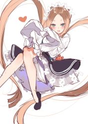 Rule 34 | 1girl, abigail williams (fate), abigail williams (festival outfit) (fate), apron, black skirt, blonde hair, blue eyes, bow, butterfly hair ornament, fate/grand order, fate (series), hair ornament, heart, heroic spirit chaldea park outfit, highres, long hair, looking at viewer, maid, maid apron, maid headdress, official alternate costume, parted bangs, skirt, sleeves past fingers, sleeves past wrists, solo, stuffed animal, stuffed toy, tamawo222, teddy bear, very long hair, white bow
