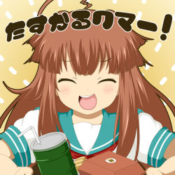Rule 34 | 10s, 1girl, ^ ^, ahoge, box, brown hair, burger, can, chips (food), closed eyes, cup, drinking straw, eyebrows, food, french fries, holding, kantai collection, kuma (kancolle), long hair, mitya, open mouth, potato chips, sailor collar, school uniform, serafuku, short sleeves, simple background, smile, spiked hair, translation request, upper body, yellow background