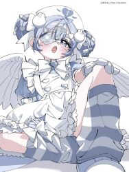 Rule 34 | 1girl, ahoge, angel wings, apron, arm support, blue eyes, blue footwear, blue hair, blue socks, blush, bow, bowtie, brooch, buttons, character request, commentary request, copyright request, cross-laced apron, dot nose, double-parted bangs, double bun, eyepatch, fangs, film grain, flat chest, foreshortening, frilled apron, frills, from below, full body, gloves, hair bun, hair ornament, hair ribbon, hand on own knee, hat, head tilt, heart, heart brooch, heart button, heart eyepatch, heart hair ornament, highres, jewelry, light blue dress, light blue hair, looking at viewer, loose socks, multiple hairpins, nurse cap, open mouth, pill hair ornament, puffy short sleeves, puffy sleeves, rabbit hair ornament, ribbon, shoes, short sleeves, sidelocks, simple background, sitting, sneakers, socks, solo, spread legs, striped clothes, striped socks, thick eyebrows, white apron, white background, white footwear, white gloves, white headdress, white ribbon, white socks, wings, wolrero