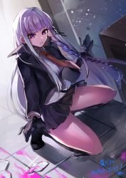 1girl black_gloves black_skirt blood boots braid commission danganronpa:_trigger_happy_havoc danganronpa_(series) gloves indoors kansya kirigiri_kyoko long_hair necktie pink_blood purple_eyes purple_hair sidelocks skeb_commission skirt solo