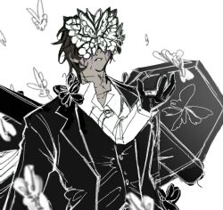 Rule 34 | 1boy, black coat, black gloves, black vest, blood, brown hair, bug, butterfly, butterfly on head, buttons, chanil (muexlku), coat, coffin, collared shirt, dark-skinned male, dark skin, e.g.o (project moon), extra arms, funeral of the dead butterflies, gloves, heathcliff (project moon), highres, insect, limbus company, lobotomy corporation, long sleeves, male focus, parted lips, project moon, purple blood, shirt, solo, upper body, vest, white shirt