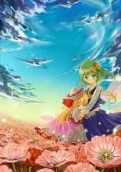 Rule 34 | 2girls, aqua eyes, ascot, blonde hair, bow, capelet, daiyousei, dress, fairy wings, female focus, field, flower, flower field, green hair, hair bow, hair ribbon, hat, height difference, highres, hug, light particles, lily white, long hair, multiple girls, okemai, ribbon, short hair, side ponytail, skirt, touhou, white dress, wings