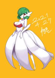 Rule 34 | 1girl, absurdres, artist name, bare shoulders, blush, bob cut, breasts, cleavage, closed mouth, collarbone, colored skin, creatures (company), dated, dress, elbow gloves, female focus, full body, game freak, gardevoir, gen 3 pokemon, gloves, green hair, haembokeyo, hair over one eye, highres, large breasts, looking to the side, mega gardevoir, mega pokemon, nintendo, one eye covered, orange background, pokemon, pokemon (creature), red eyes, short hair, signature, simple background, solo, standing, strapless, strapless dress, white dress, white gloves, white skin