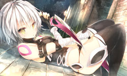 Rule 34 | 1girl, bandaged arm, bandages, bare shoulders, belt, black panties, black thighhighs, breasts, closed mouth, dagger, dual wielding, dutch angle, fate/apocrypha, fate/grand order, fate (series), fingerless gloves, gloves, hair between eyes, holding, jack the ripper (fate/apocrypha), knife, lamppost, looking at viewer, lying, navel, night, night sky, on back, outdoors, panties, reverse grip, road, scar, short hair, silver hair, single glove, skindentation, sky, small breasts, solo, street, sune (mugendai), suneo, thighhighs, thighs, underwear, weapon