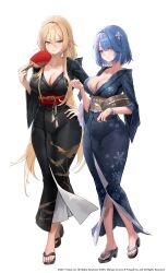 Rule 34 | 2girls, absurdres, alternate costume, aqua eyes, azur lane, blonde hair, blue hair, breasts, chapayev (azur lane), cleavage, closed mouth, copyright notice, freng, full body, hair between eyes, hair ornament, hand on own hip, highres, implacable (azur lane), japanese clothes, large breasts, long hair, long sleeves, looking at viewer, mole, mole on breast, multiple girls, official art, purple eyes, short hair, sidelocks, simple background, smile, white background, wide sleeves