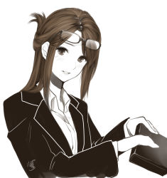 Rule 34 | 1girl, bag, blush, brown eyes, brown hair, business suit, commentary request, dress shirt, eyewear on head, folded ponytail, formal, glasses, hair up, handbag, holding, lips, long hair, looking at viewer, monochrome, office lady, original, parted lips, poaro, shirt, signature, simple background, solo, spot color, suit, white background