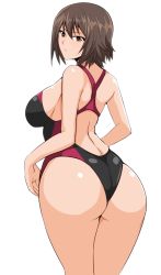 Rule 34 | 10s, 1girl, ass, bikini, blush, breasts, brown eyes, brown hair, competition swimsuit, cowboy shot, from behind, girls und panzer, hifumi hajime, large breasts, looking at viewer, looking back, nishizumi maho, one-piece swimsuit, shiny skin, short hair, sideboob, solo, swimsuit