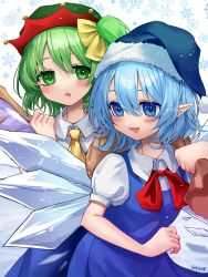 Rule 34 | 2girls, :d, ascot, bag, blue dress, blue eyes, blue hair, blush, bow, christmas, cirno, daiyousei, dress, green eyes, green hair, hair between eyes, hair bow, hat, highres, holding, holding bag, ice, ice wings, looking at another, looking to the side, multiple girls, open mouth, pointy ears, puffy short sleeves, puffy sleeves, ribbon, sack, santa hat, shianebulae, shirt, short hair, short sleeves, signature, smile, snowflakes, touhou, white background, white shirt, wings, yellow bow