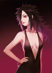 Rule 34 | 1girl, backless dress, backless outfit, black dress, black hair, bracelet, breasts, center opening, cleavage, dress, genderswap, genderswap (mtf), gradient background, hair over one eye, halterneck, hand on own hip, jewelry, lips, long hair, looking to the side, medium breasts, naruto, naruto (series), nho (316784766), no bra, red background, red eyes, red lips, solo, spiked hair, uchiha madara, very long hair
