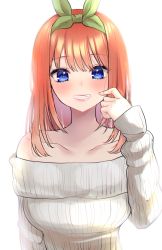 Rule 34 | 1girl, :d, absurdres, alternate hair length, alternate hairstyle, bare shoulders, blue eyes, blush, breasts, collarbone, go-toubun no hanayome, green hairband, green ribbon, grin, hair ribbon, hairband, highres, kurosaki coco, large breasts, long hair, long sleeves, nakano yotsuba, nervous smile, off-shoulder sweater, off shoulder, open mouth, orange hair, parted lips, ribbon, scratching cheek, simple background, smile, solo, sweater, upper body, white background, white sweater
