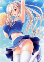 Rule 34 | 10s, 1girl, absurdres, arm up, armpits, blonde hair, blue eyes, blush, breasts, celia kumani entory, cheerleader, clothes lift, cloud, crop top, crop top overhang, day, drill hair, frilled panties, frills, hair over one eye, hairband, highres, jumping, komori kei, large breasts, leg up, long hair, midriff, midriff peek, navel, open mouth, outdoors, panties, pantyshot, pleated skirt, pom pom (cheerleading), ponytail, scan, scrunchie, shoes, skirt, skirt lift, sky, smile, sneakers, standing, thighhighs, underwear, upskirt, very long hair, walkure romanze, white panties, white thighhighs, wind, wind lift