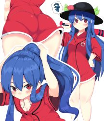 Rule 34 | 1girl, alternate costume, ass, bare legs, baseball bat, black hat, blue hair, blush, breasts, cleavage, commentary request, food, fruit, hand on own hip, hand up, hat, hinanawi tenshi, jacket, lolimate, long hair, looking at viewer, multiple views, peach, ponytail, red eyes, simple background, small breasts, spoken squiggle, squiggle, touhou, very long hair, white background