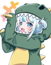 Rule 34 | +++, 1girl, :d, animal hood, arm up, blue eyes, blue hair, blush, commentary, dinosaur costume, english commentary, gawr gura, hair ornament, hand up, highres, hololive, hololive english, hood, multicolored hair, open mouth, sharp teeth, simple background, smile, solo, streaked hair, teeth, tosyeo, two side up, upper body, v-shaped eyebrows, virtual youtuber, white background, white hair