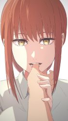 Rule 34 | 1girl, absurdres, biting, camui1104, chainsaw man, commentary request, facing viewer, finger biting, hayakawa aki, highres, makima (chainsaw man), orange hair, pov, pov hands, ringed eyes, shirt, short hair, simple background, solo focus, upper body, white background, white shirt, yellow eyes